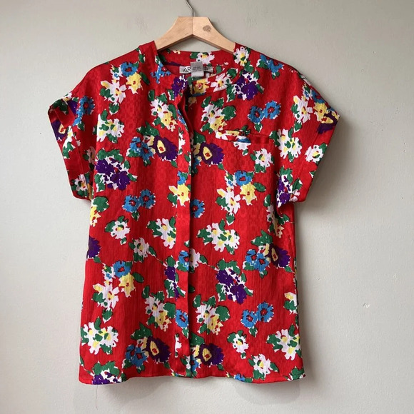 Vintage Argenti Floral Red Short-Sleeve Button-Up‎ Blouse Womens Size 6 - Picture 1 of 2
